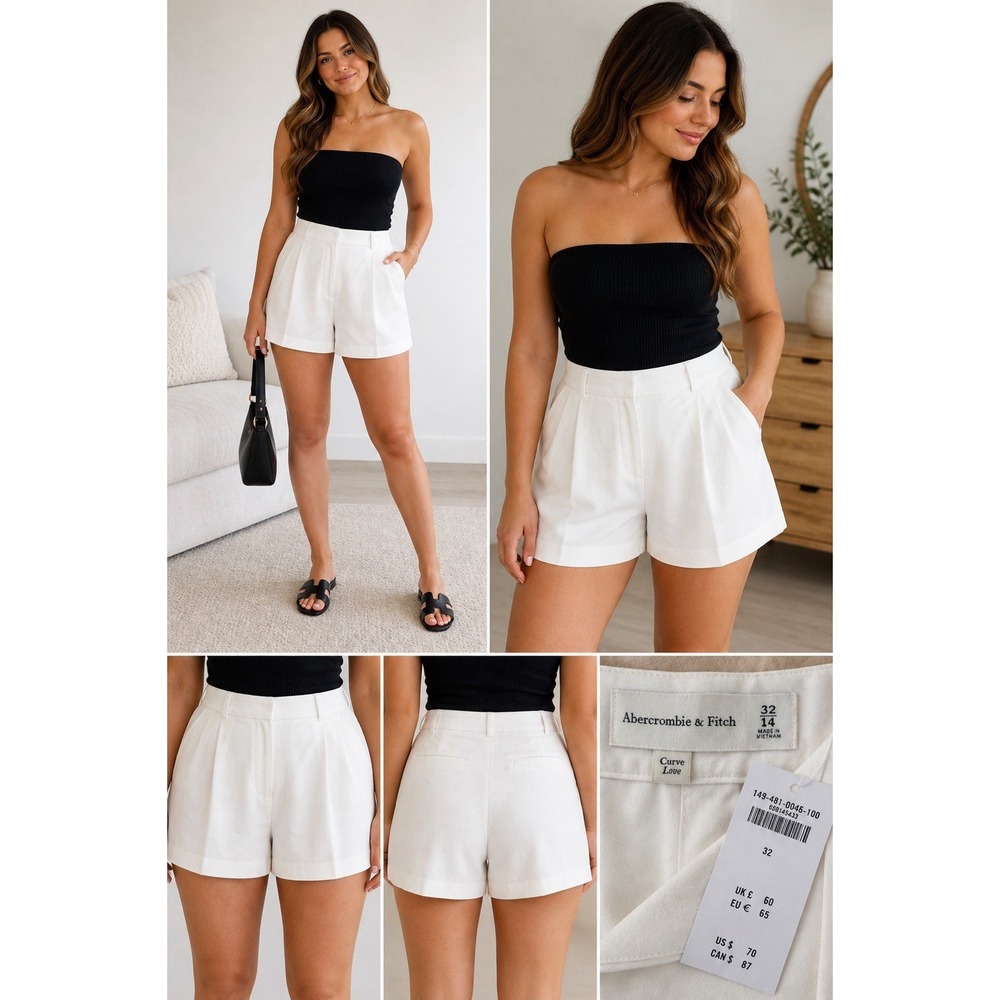 NWT Abercrombie & Fitch Curve Love Linen Blend Trouser Shorts Size 32 14R White